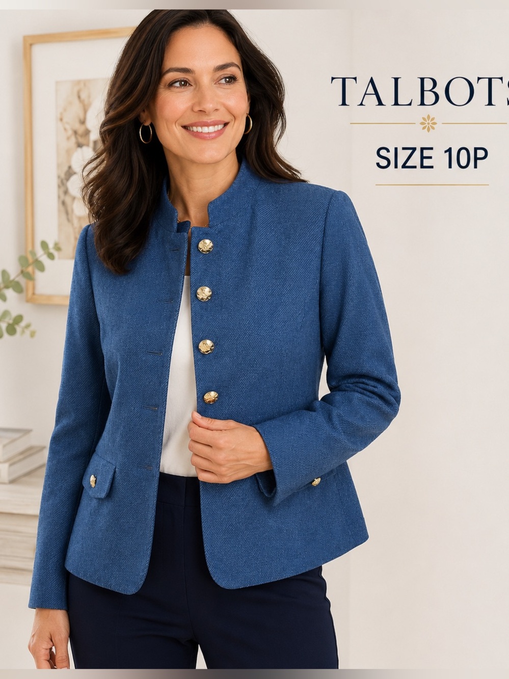 Talbots Blue Wool Blend Military Jacket Gold Crest Buttons academia Petite/10P
